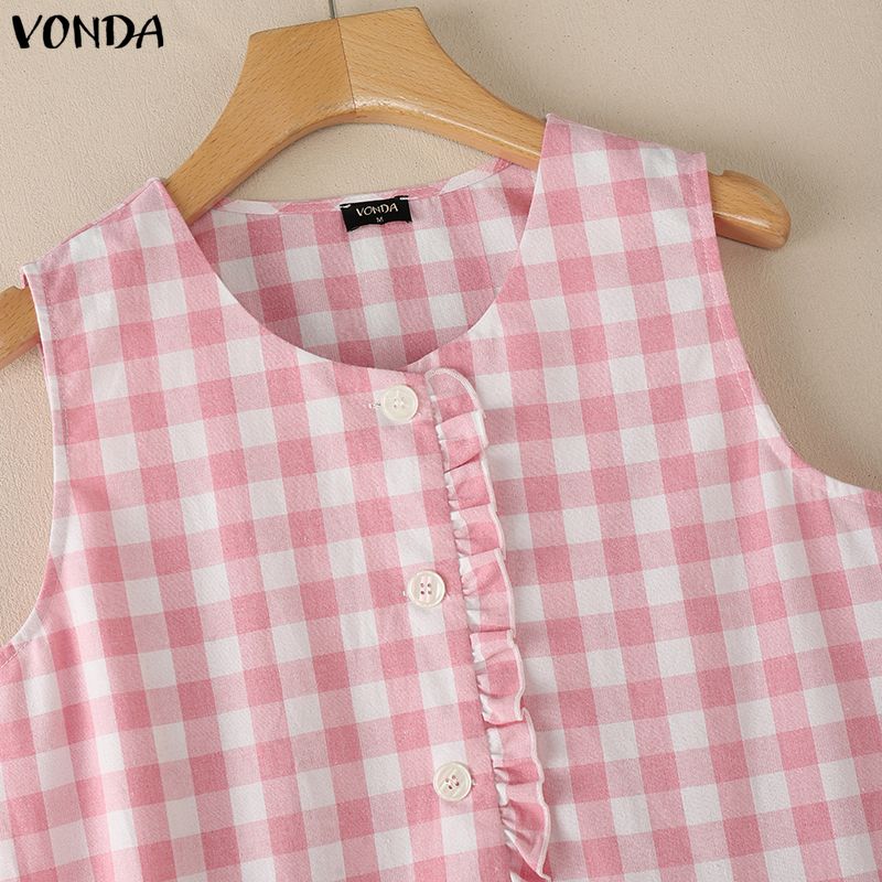 VONDA Summer Women Casual Round Neck Sleeveless Plaid Print Tank Tops
