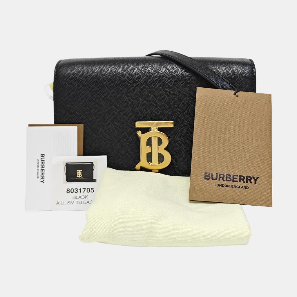 [Gebraucht] Tb Kleine Schwarze Leder Geprägte Tb Schultertasche Crossbody Tasche Goldene Beschläge Abnehmbarer Riemen - Ausgezeichnet #1BWBCE