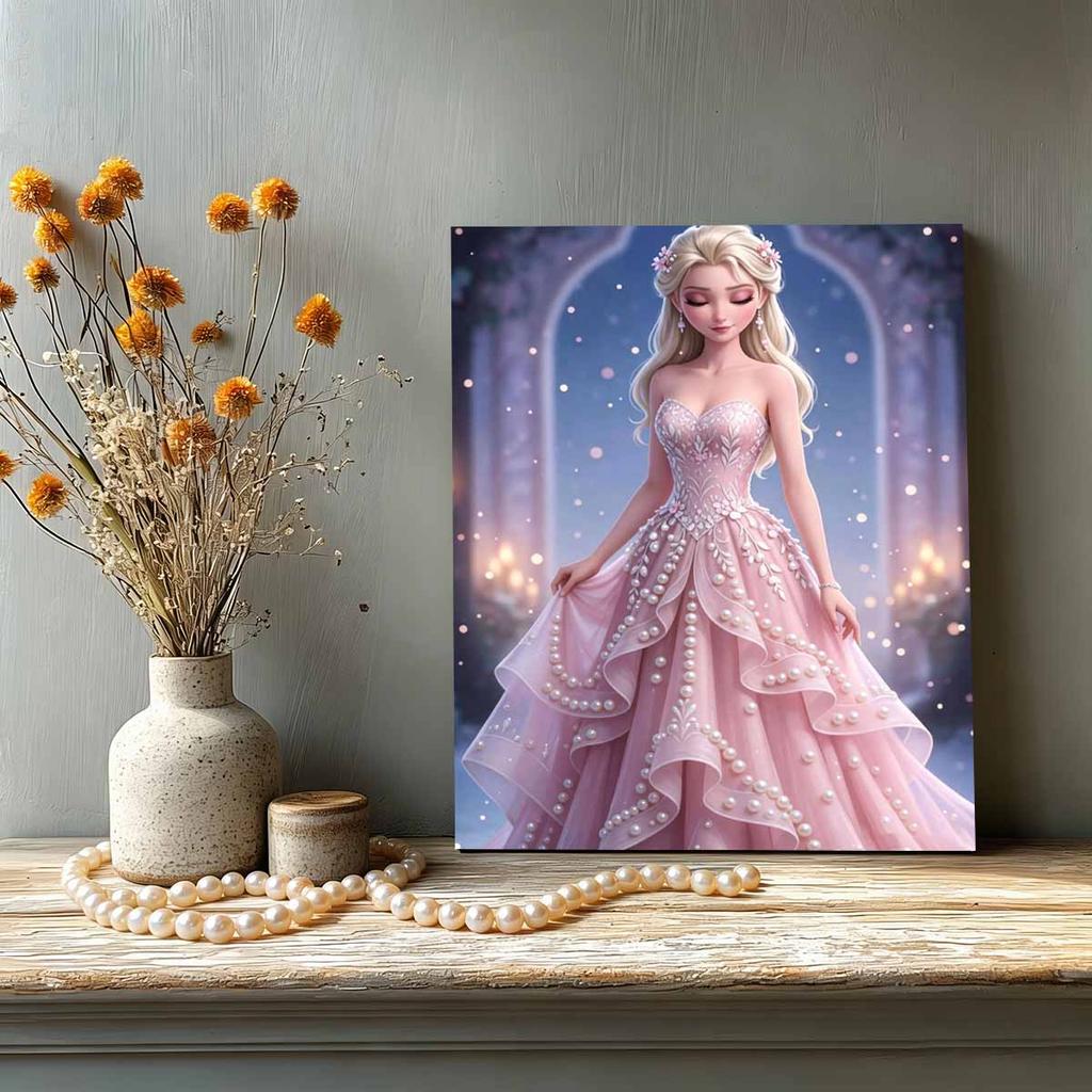 Pink Gown Starry Elsa New Pearl-Inlaid Frameless Art | Handmade Pearl Craft, Starry Arch & Candlelight Theme, for Romantic Luxury Decor