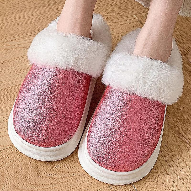 Fashion Fashion Shiny Sequins Cotton Slippers Women Round Toe Platform Cotton Slippers Woman Winter Non Slip House Fur Slides Lady