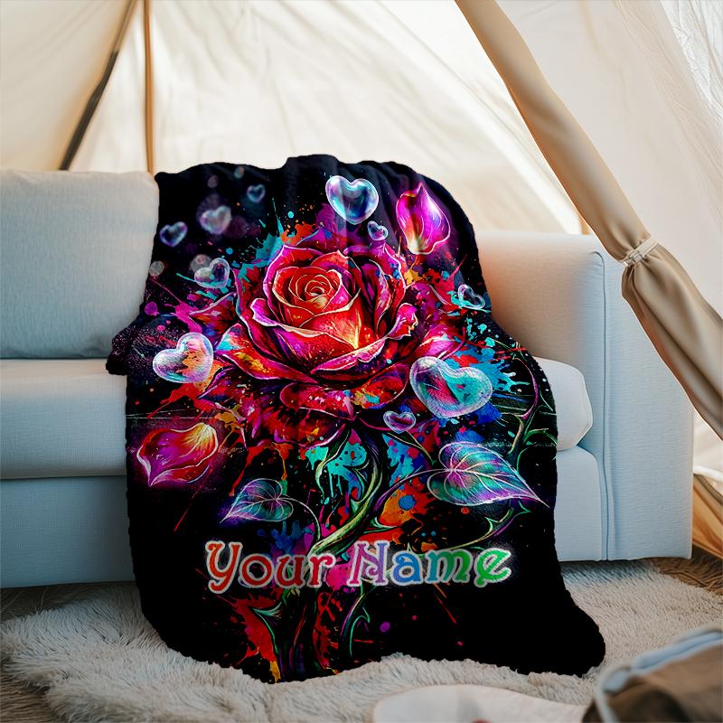 1PC Custom Name Colorful Rose Fantasy Flannel Blanket Versatile,all-season Throw Suitable for the Living Room,bedroom,camping,travel,and Gift