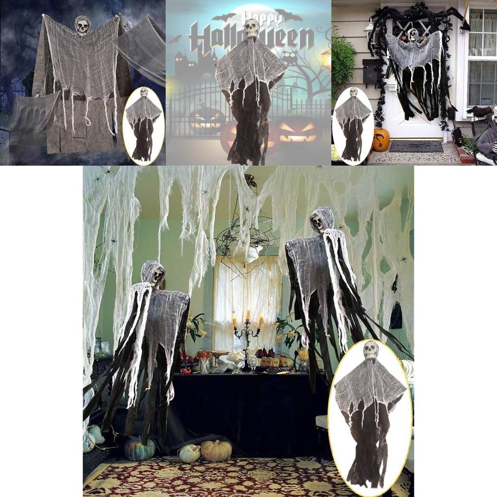 Läskig Halloween-dekoration Hängande spökskalle med gasväv För spökhus Läskig rekvisita