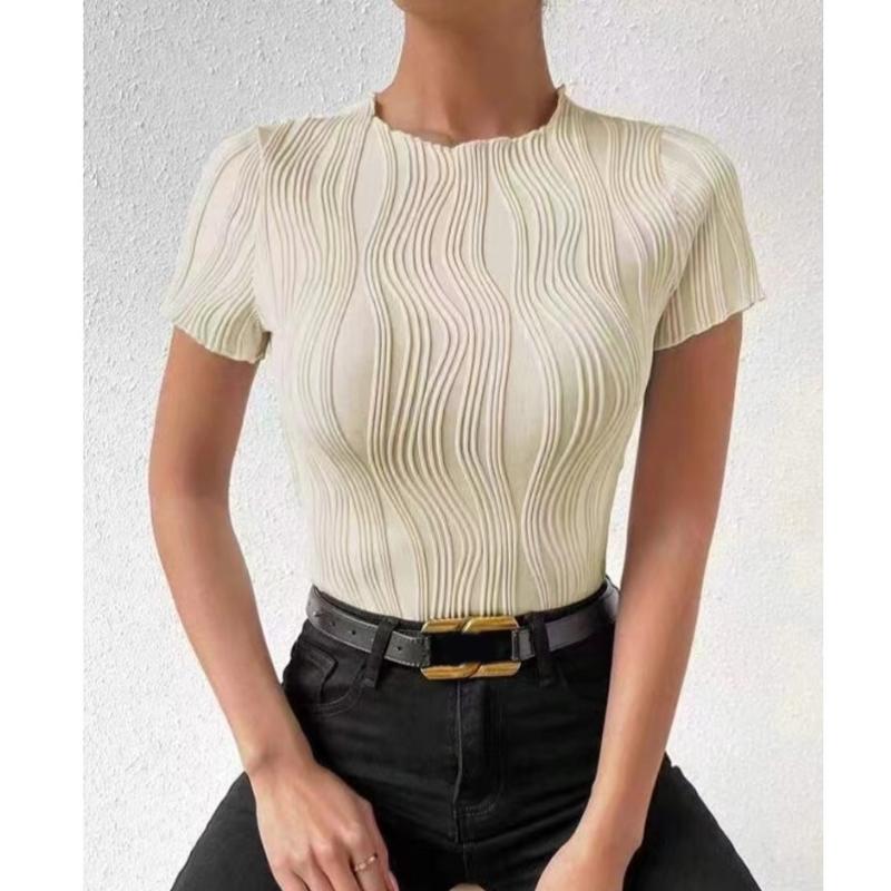 Summer Fashion Round Neck Short Sleeve Women Office Blouse New Solid Color Stripes Wavy Elegant Simple Shirt Casual Ladies Top Women's Clothing
