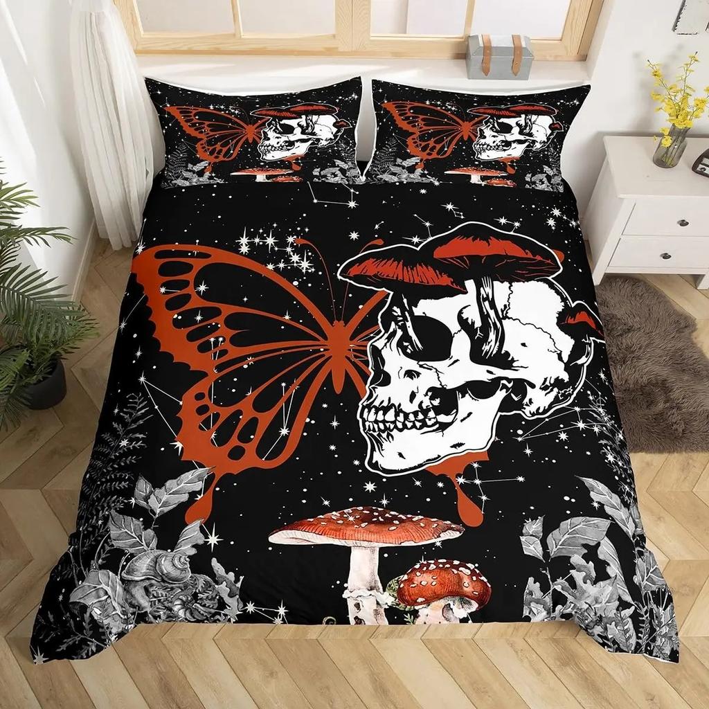 Gotisches Zuckerschädel Knochen Bettwäsche Set Skelett Hand Bettdecke Bezug Rosenblätter Romantische Blumen