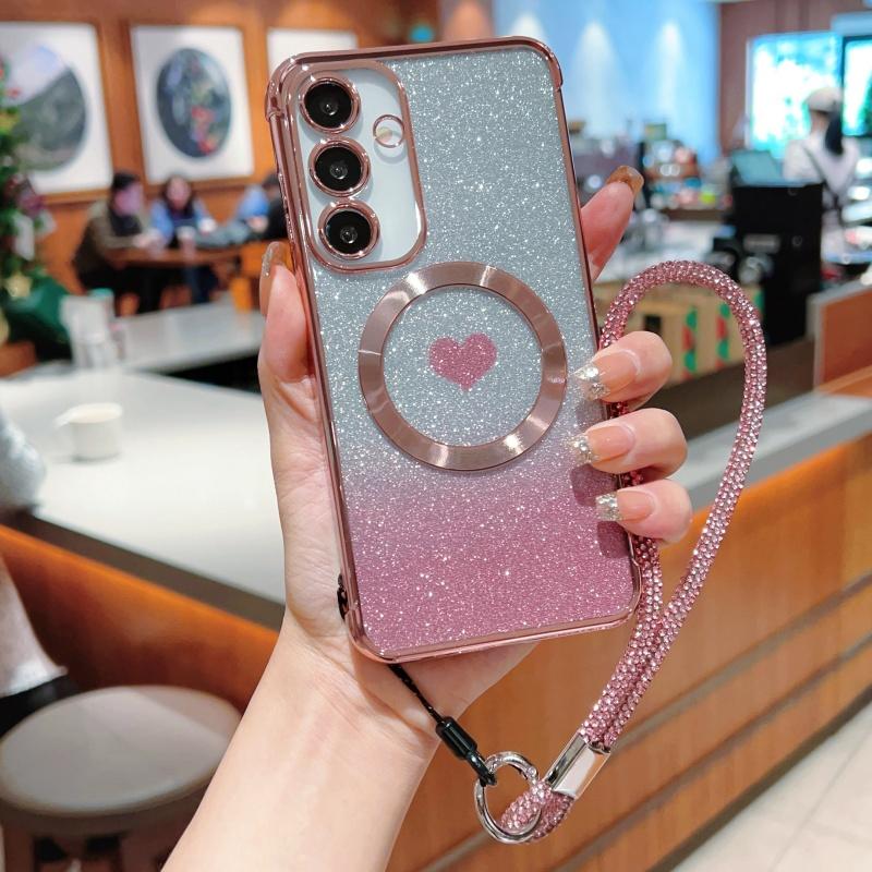 

Чехол для Samsung Galaxy S25, совместимый с MagSafe, ТПУ чехол для телефона с ремешком, градиентное сердце, блестки Rose Pink