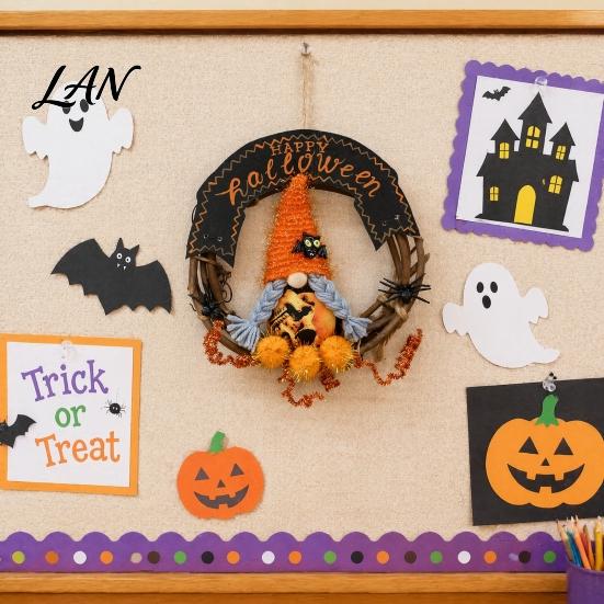 Holiday Hanging Ornament Halloween Gnome Rattern Wreath, Handmade Decoration with Spider And Tinsel Accents, Front Porch Decor Wreath for Door