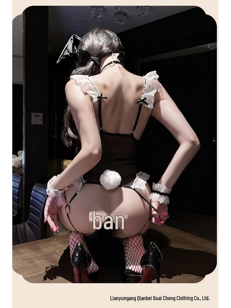 Sexy Bunny Temptation Lace Lingerie Set with Open Crotch Pajama Style.