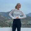 Neck Sleevewhite Long Round Women Elegant Striped See Through Outfits Tshirts Tees Skinny Club Tops