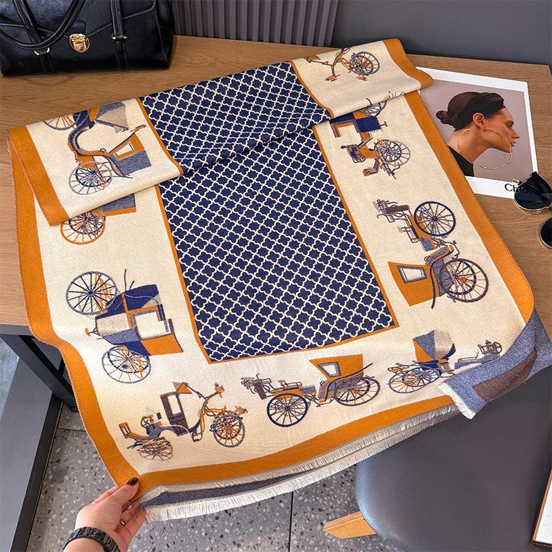 Imitation Cashmere Scarf Retro Style Old-Fashioned Car Contrasting Color Double-Sided Personalized High-Grade Warm Shawl