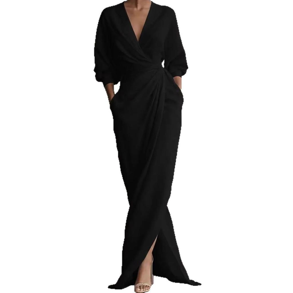Elegant Solid V-neck Long Sleeve Slit Maxi Dress with Pockets