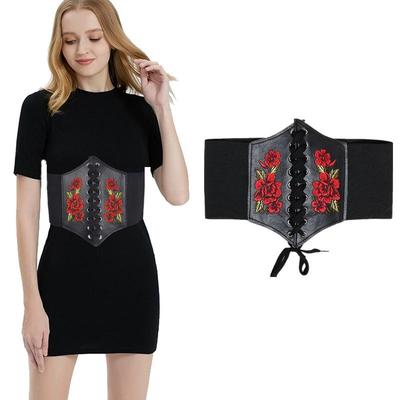 Ceinture large élastique rétro noire pour femme avec broderie rose