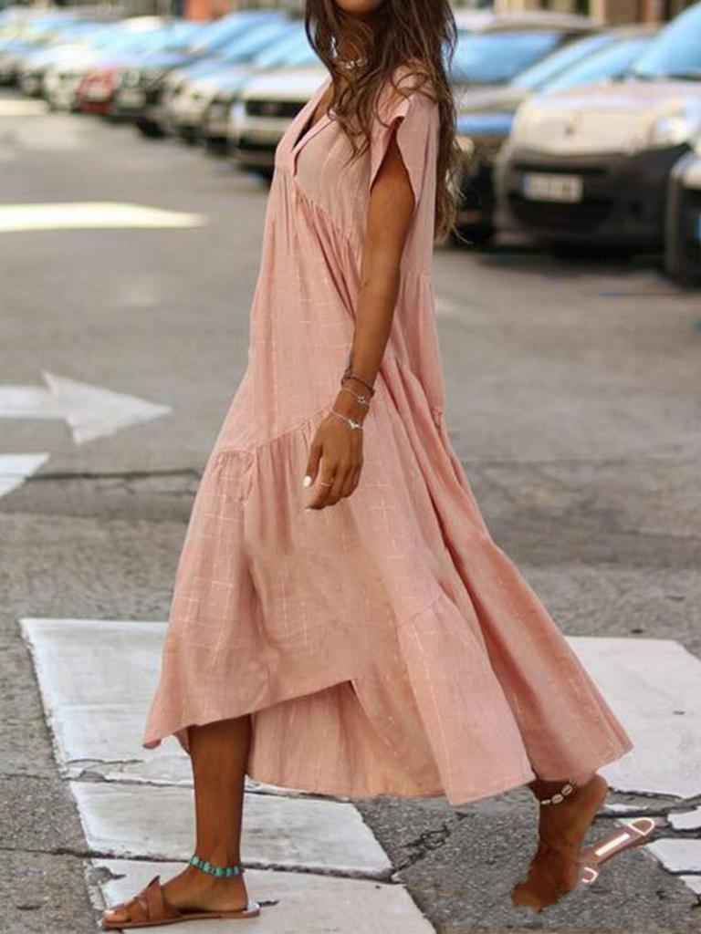 Summer Dress Women Casual Short Sleeve Dresses for Women V Neck Woman Dress A-Line Ruffles Sundress
