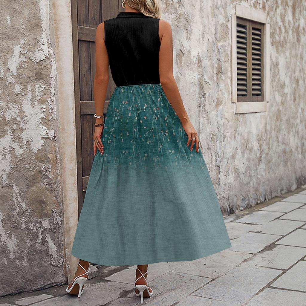 Women's Casual And Fashionable V-neck  Sleeveless Printing Mid Length Dress