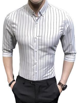 Camicia a righe da uomo con bottoni, manica a tre quarti, tasca singola, classica, formale, da lavoro, a righe, slim, comoda