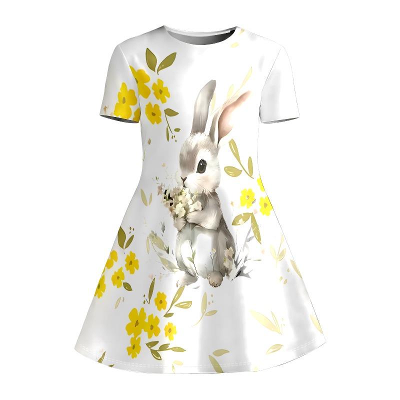 Little Kids 3 Styles Watercolor Rabbit Leopard Heart Kpop Girl Print Round Neck Short Sleeve A-Line Summer Flared Swing Dress