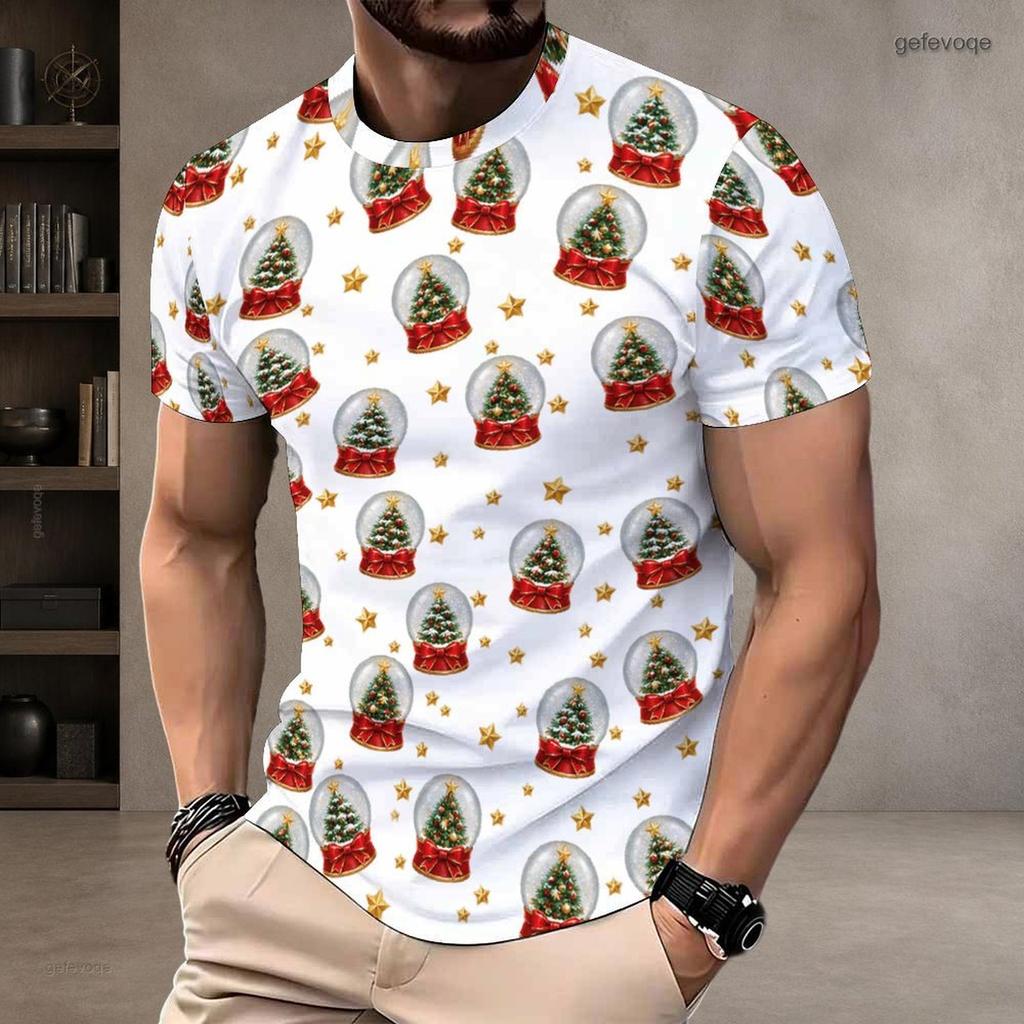 Men Plus Size Round Neck Short Sleeve T Shirt Christmas Teddy Bear Printed White Pullover