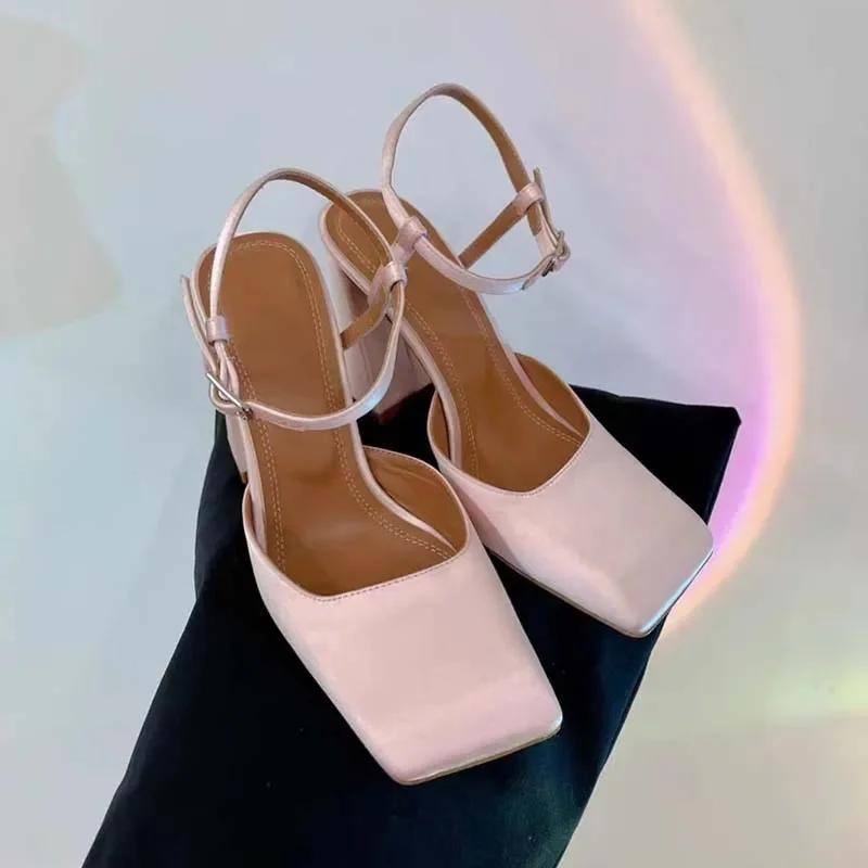 Fashion New Satin Mary Jane Fashion Sandals European American Women's Summer Square Head Thick Heel Shopping Commuting Style High Heels