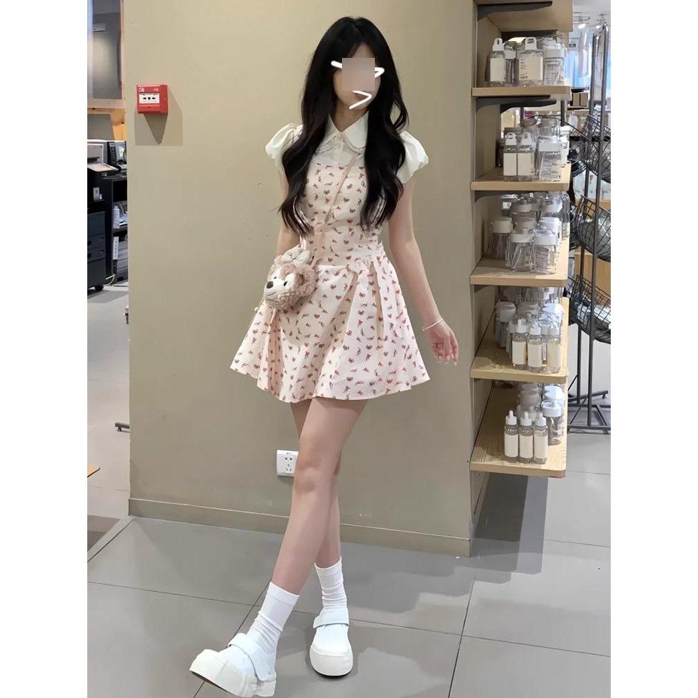 

Платье принцессы с короткой юбкой, иностранное летнее, с кукольным воротником, супер фея, имитация двойки, с цветочным принтом XL- (recommended 110-60kg)