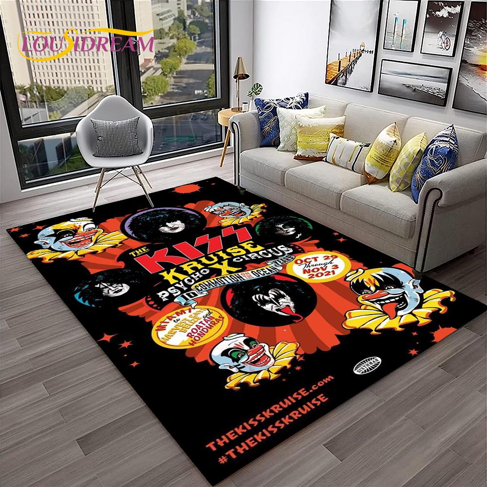Retro Koberec KISS Rocková Kapela pro Domácí Obývací Pokoj Ložnici Hernu Pohovku Kuchyňskou Rohožku Dekor, Dětský Koberec Protiskluzová Podložka na Podlahu