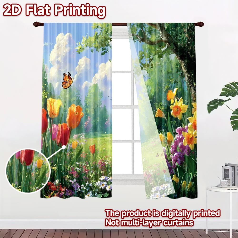 2D flat printing 2pcs Drapes Beautiful Butterfly Garden Flowers Digital Printed Polyester Drapes Festive Wall Decor for Entryway