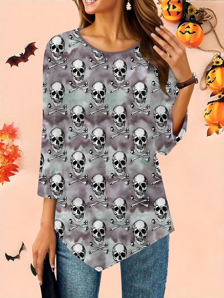 Dámské volné tričko s kulatým výstřihem a tříčtvrtečním rukávem s 3D halloweenským vzorem Ideální halloweenský a vánoční dárek