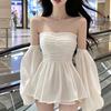 New White Off Shoulder Strapless Lantern Sleeve Pleated Dress for Women High-end Sense for Early Autumn Socialite and Wealthy Lady Fashion Party Dress