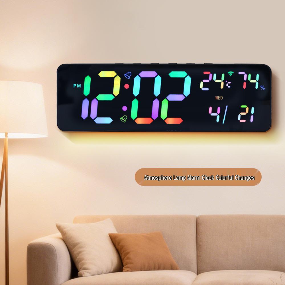 RGB Bluetooth Smart Wall Clock with Automatic Time Sync, Alarm, Temperature & Humidity Display, Perpetual Calendar, and Remote Control.