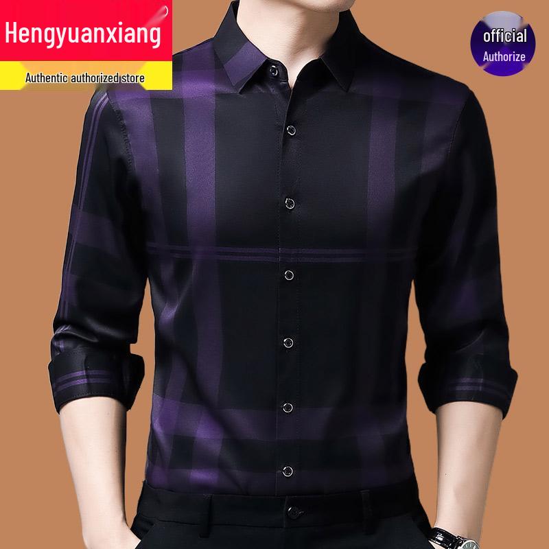 Hengyuanxiang Men's Autumn Plaid Long Sleeve Iron-Free Casual Shirt