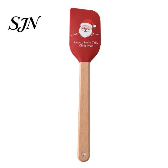 Practical Christmas Gifts for Bakers Silicone Spatula with Wooden Handle, Tree/Snowman/Santa Claus/Elk Pattern Hanging Hole Decor, Heat Resistant