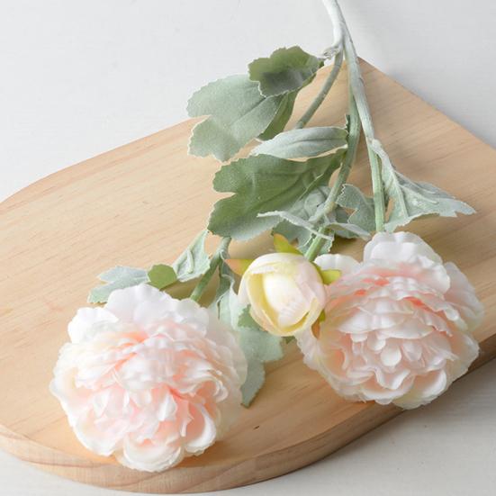 Artificial Ranunculus Flower Faux Silk Ranunculus Bouquet with 2 Heads Full Blooms And 1 Bud for Floral Arrangement Wedding Event Centerpiece