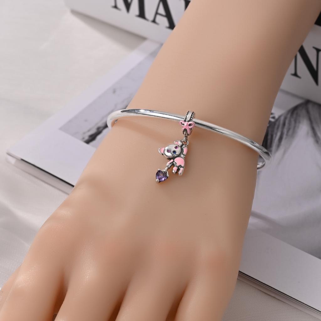 Original Charms Copper Pink Bear Pendant Beads Fit Bracelet Women Jewelry Making Diy Gift