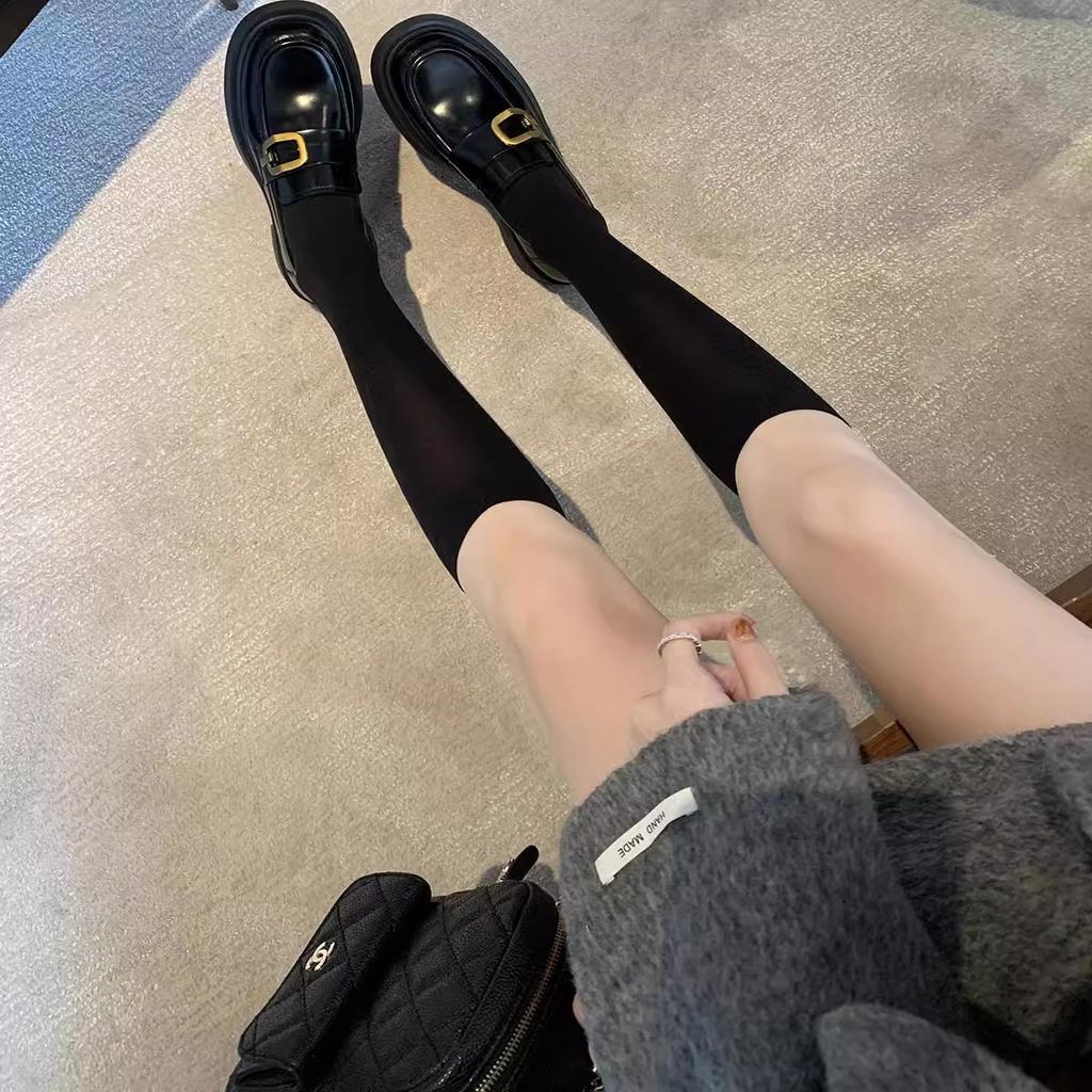 Cowhide version of extravagant gold buckle square round head leather lazy thick heel female autumn
