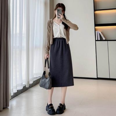 Skirt Women's Spring Autumn High Waist Slim Knitted Mid-Length Long Slit A-Line Hip Cover Skirt