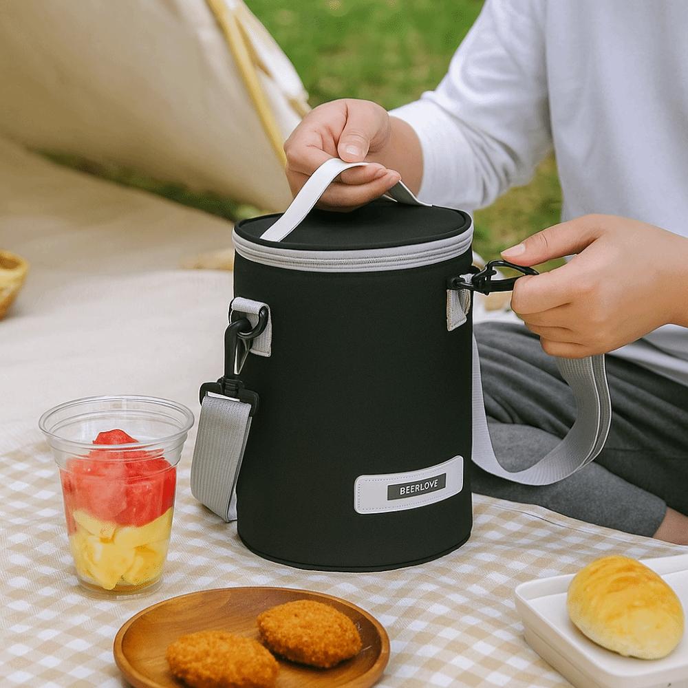 Waterproof Cylinder Lunch Bag with Thickened Aluminum Foil Office Lunch Tote Picnic Bag Travel