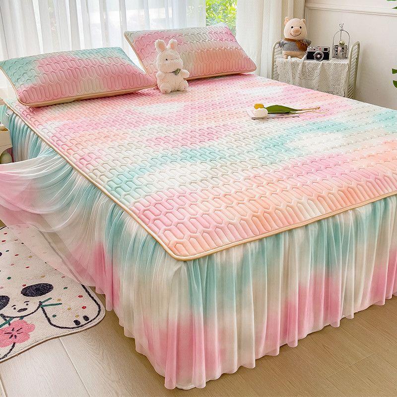 1/3Pcs Thai Latex Cooling Bed Skirt, Ice Silk Mattress Cover, Washable Breathable Cooling Mat for Queen King Beds