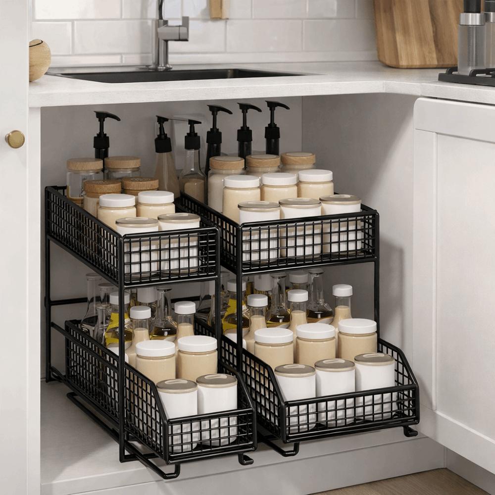 Stable Frame Pull Out Storage Rack Iron Under Sink Organizer Sliding Cabinet Basket for Kitchen