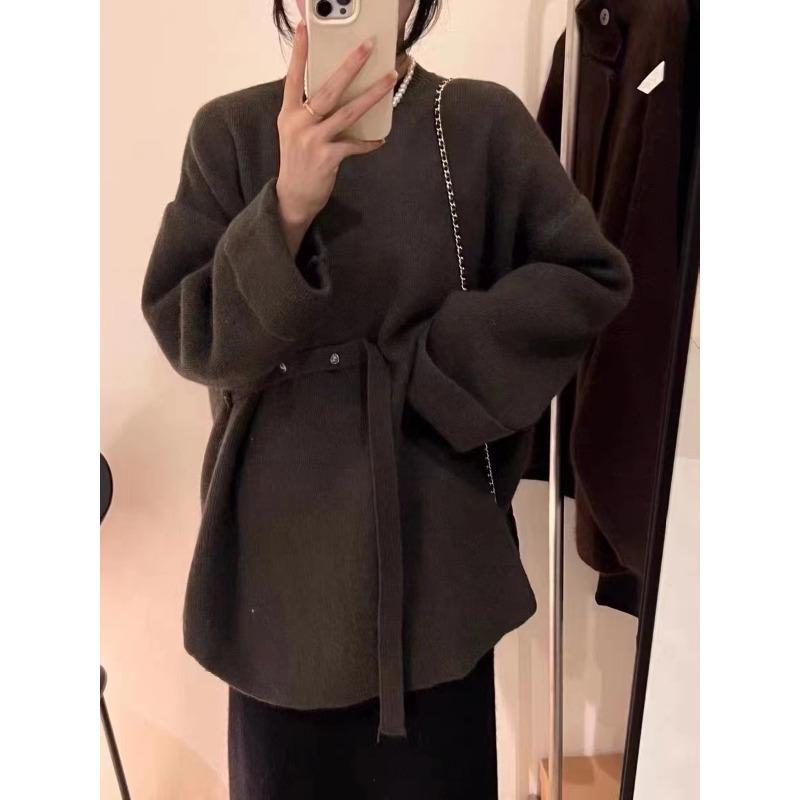 Autumn and winter new solid color crew neck large version knitted pullover top women's lazy wind lace-up sweater women