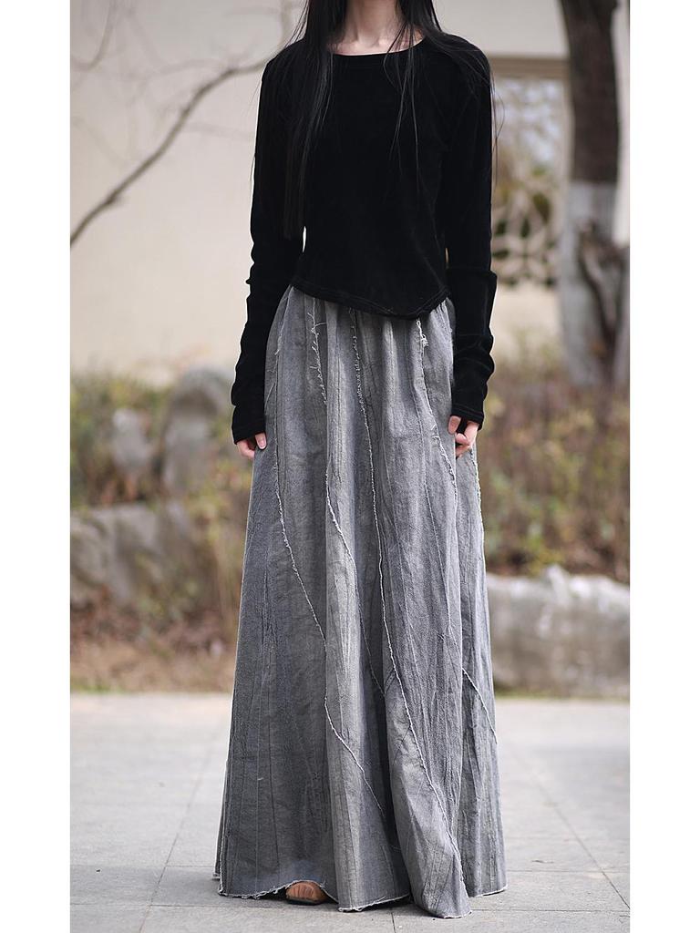 Spring/Summer Ramie Tie-Dye Patchwork Midi Skirt with Frayed Edges