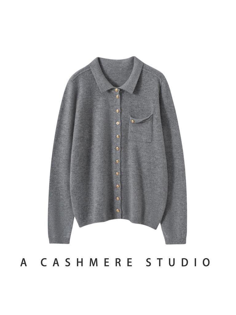 Chic Age-Reducing Gold Button Knit Cardigan with Pockets - Women's Autumn Solid Color Versatile Outerwear Top