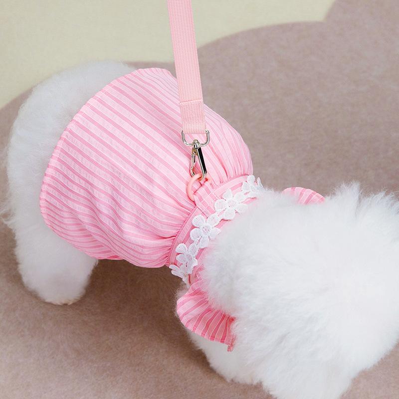 Korean version of pet small dog Teddy Pomeranian dog clothes princess traction spring and summer thin vertical strip doll skirt
