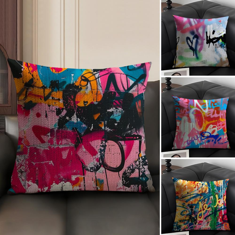 Colorful Graffiti Fashion Cushion Cover Natural Linen Organic Fabric DoubleSided Printing Sofa Home Decor Gift Pillow Case
