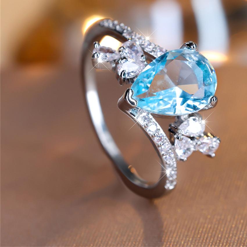 Moda Argintiu Culoare Bi Lacrimă Picătură Aqua Blue Inel de piatră Inel de logodnă dragoste de lux Inele de nuntă cu picături de apă