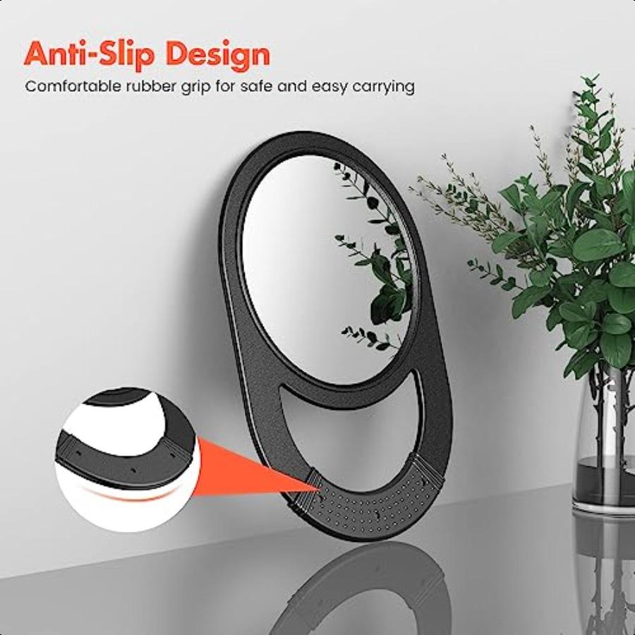Unbreakable Hand Mirror Salon Barber Mirror with Handle AntiSlip Grip for Travel Makeup Shaving Shower Black