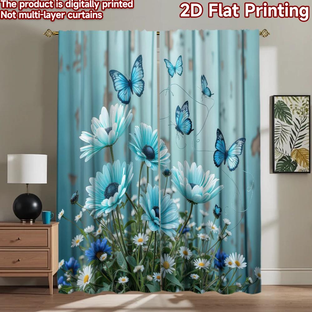2D flat Photography Backdrop Scene Backdrop Blue Butterflies and Daisies 100% Polyester Family Party for Suitable for indoor
