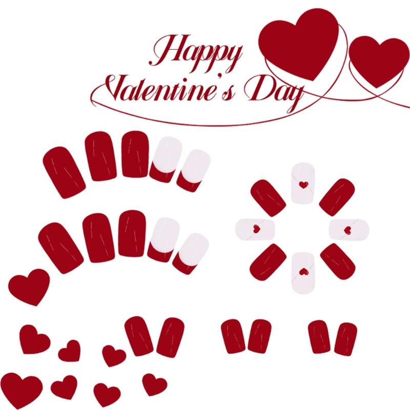 Valentine Press on Nail Square Fake Nail Glossy Design False Nail Full Cover Artificial Acrylic Nail 24pcs 12Sizes