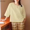 ZANZEA Women Casual Round Neck Solid Color 3/4 Sleeve Blouse