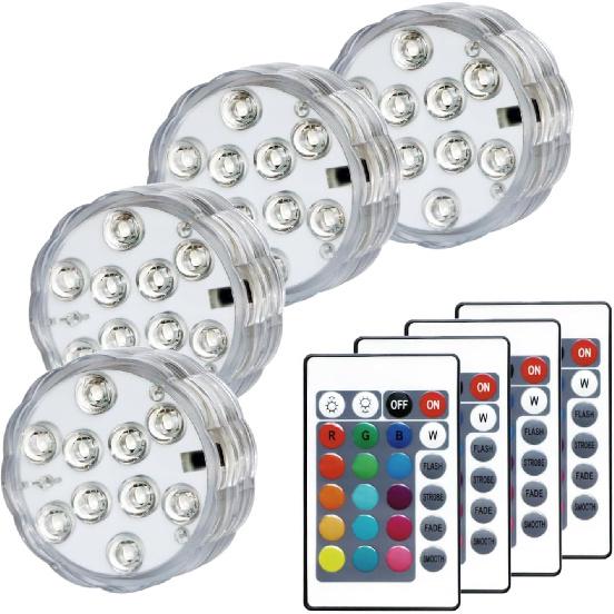 Submersible LED Lights with Remote, Color Changing Battery Powered Underwater LED Light Pucks for Pool Pond Camping Bucket Decoration (4 Packs)