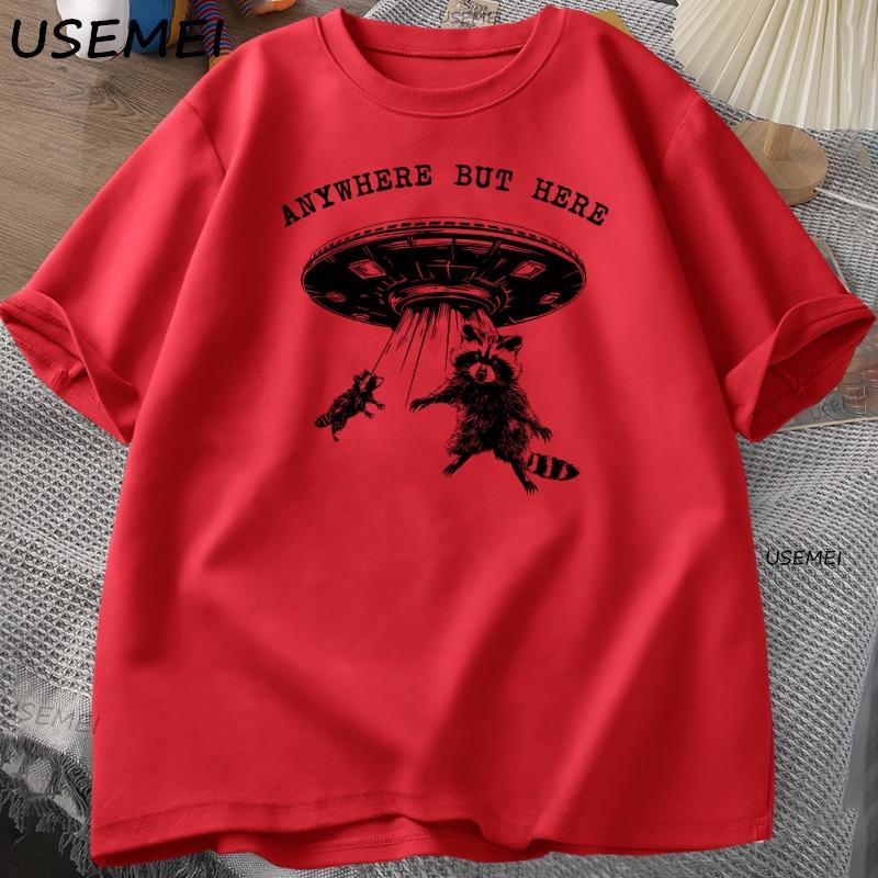 

Anywhere But Here T Shirt Unisex Women Raccoon Tshirt Retro Printed Short Sleeve Tshirt Cotton Round Neck Loose Unisexs Tshirt S