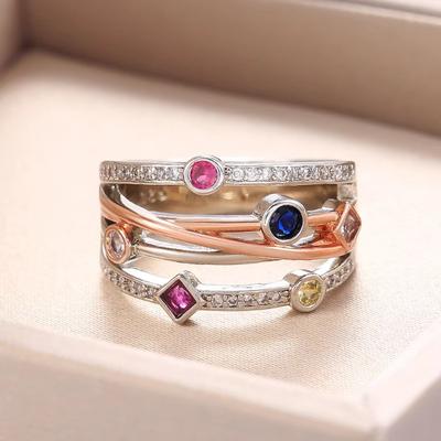 Huajie Women's Colorful Cubic Zirconia Multi-layer Sweet Rings Party Banquet Delicate Dazzling  Trend Tide