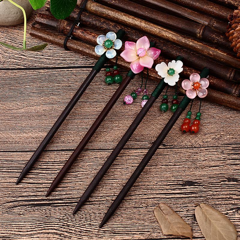 New Handmade Luxury Flower Hairpins Hair Sticks Vintage Wood Chinese Hair Stick Pins For Women Hair Ornaments Head Jewelry